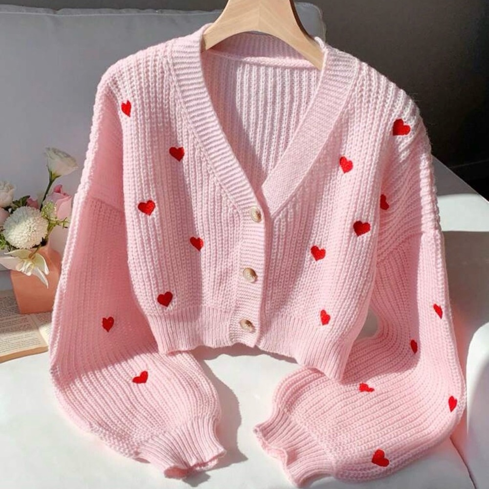 SHEIN Pink Cardigan with Red Heart Accents